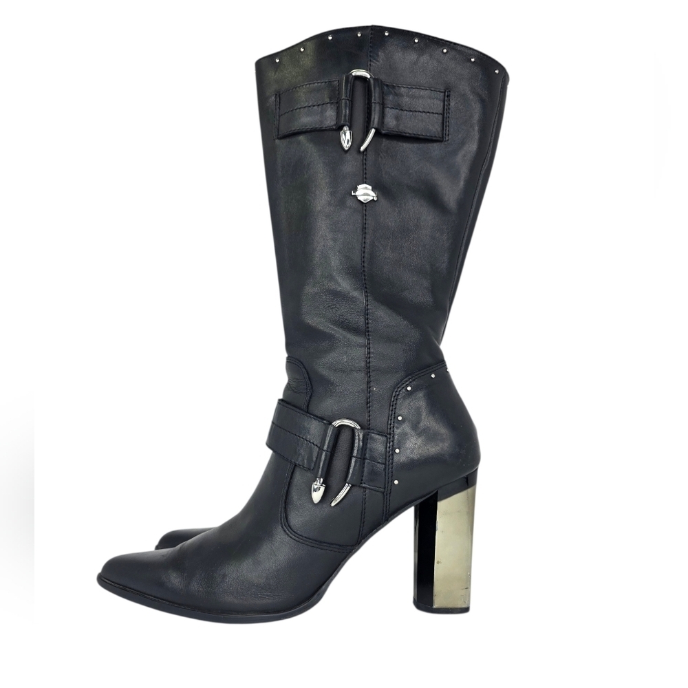 Harley-Davidson Carrie Tall Dress Black Heeled Boots Silver Accents Chrome Sz 11
